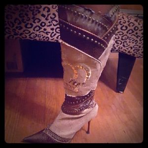 Pointed toe rhinestone studded calf-length boot